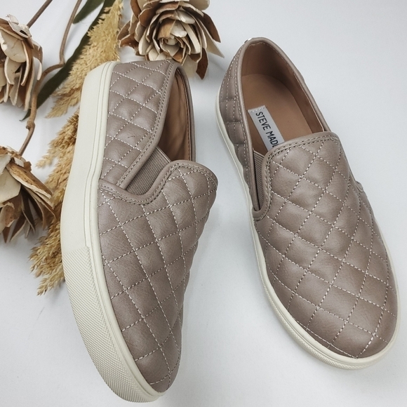 🔴 STEVE Madden Quilted Lether Grey Tan Loafers 6m - Picture 3 of 13